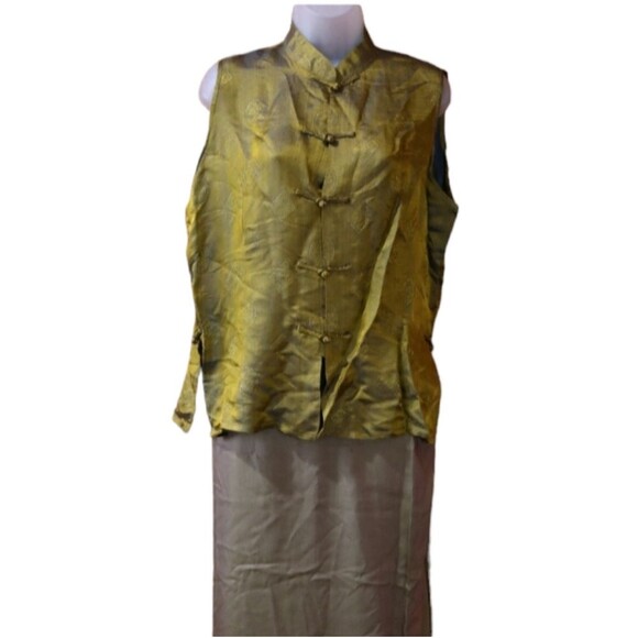 Vintage XL 100% Silk Top & Wrap Skirt Set - Muted Green Cheongsam Style - Picture 1 of 14